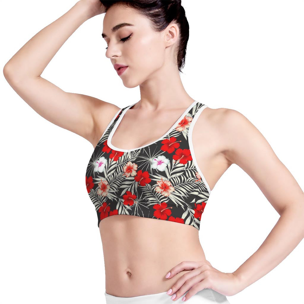 White Tropical Hibiscus Pattern Print Women's Sports Bra