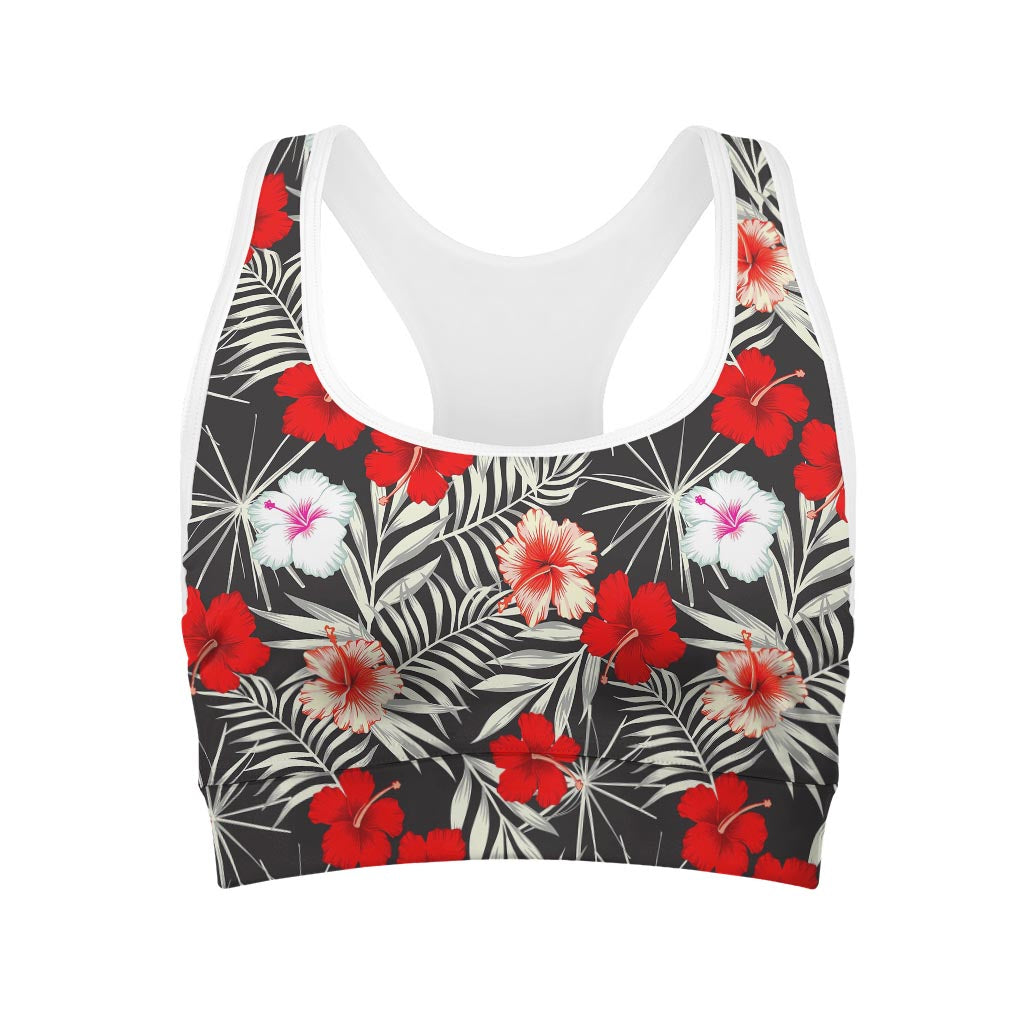 White Tropical Hibiscus Pattern Print Women's Sports Bra