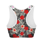 White Tropical Hibiscus Pattern Print Women's Sports Bra