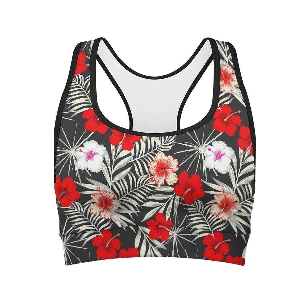 White Tropical Hibiscus Pattern Print Women's Sports Bra