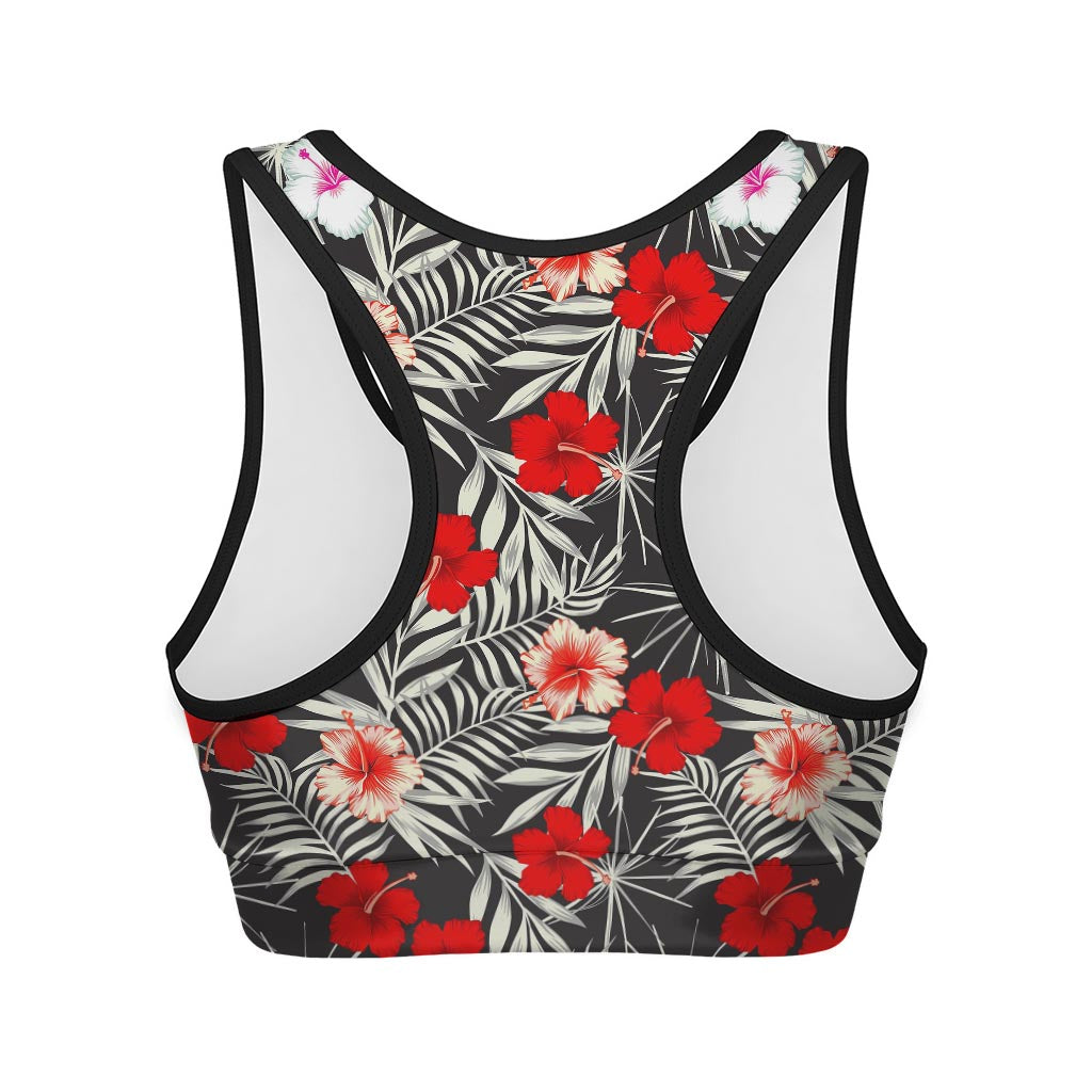 White Tropical Hibiscus Pattern Print Women's Sports Bra