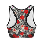 White Tropical Hibiscus Pattern Print Women's Sports Bra