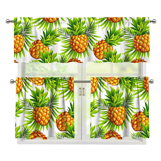 White Tropical Pineapple Pattern Print 3 Piece Kitchen Curtains