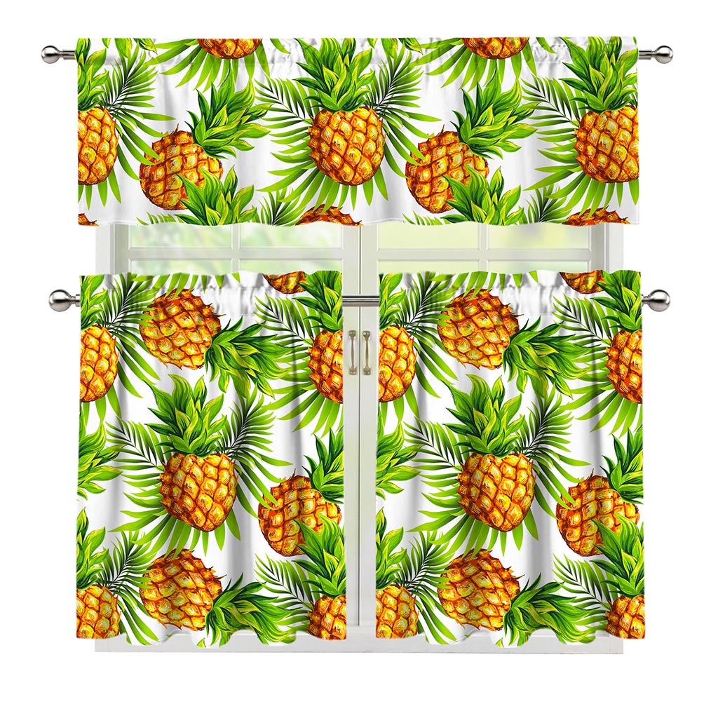White Tropical Pineapple Pattern Print 3 Piece Kitchen Curtains
