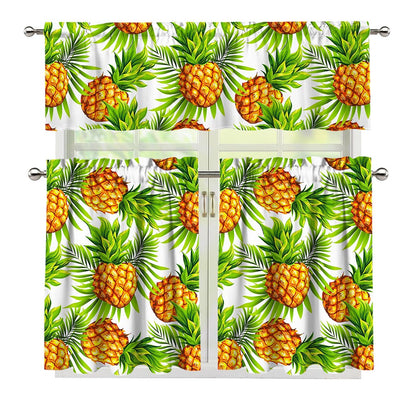 White Tropical Pineapple Pattern Print 3 Piece Kitchen Curtains
