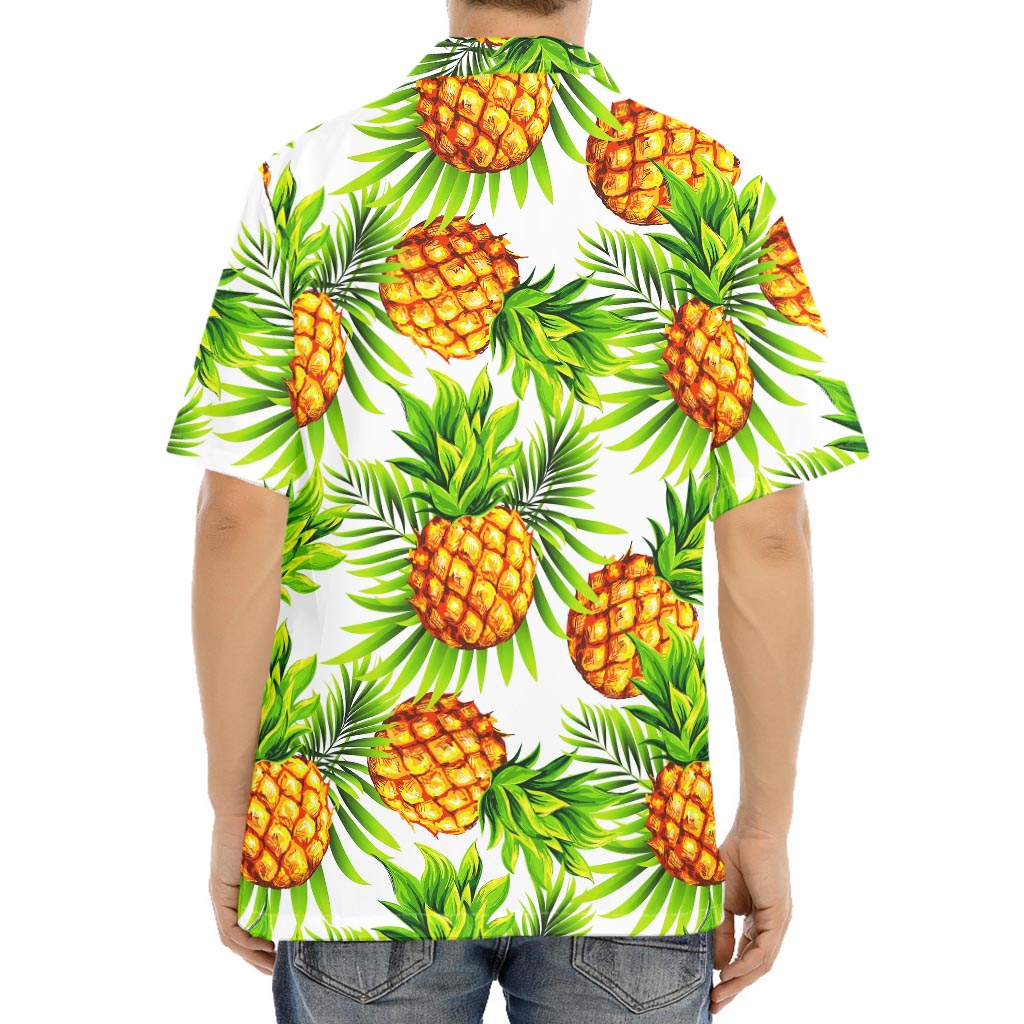 White Tropical Pineapple Pattern Print Aloha Shirt