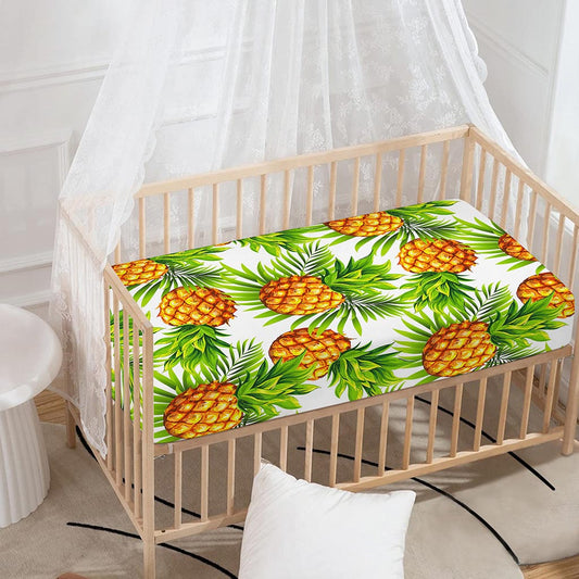White Tropical Pineapple Pattern Print Baby Crib Sheet