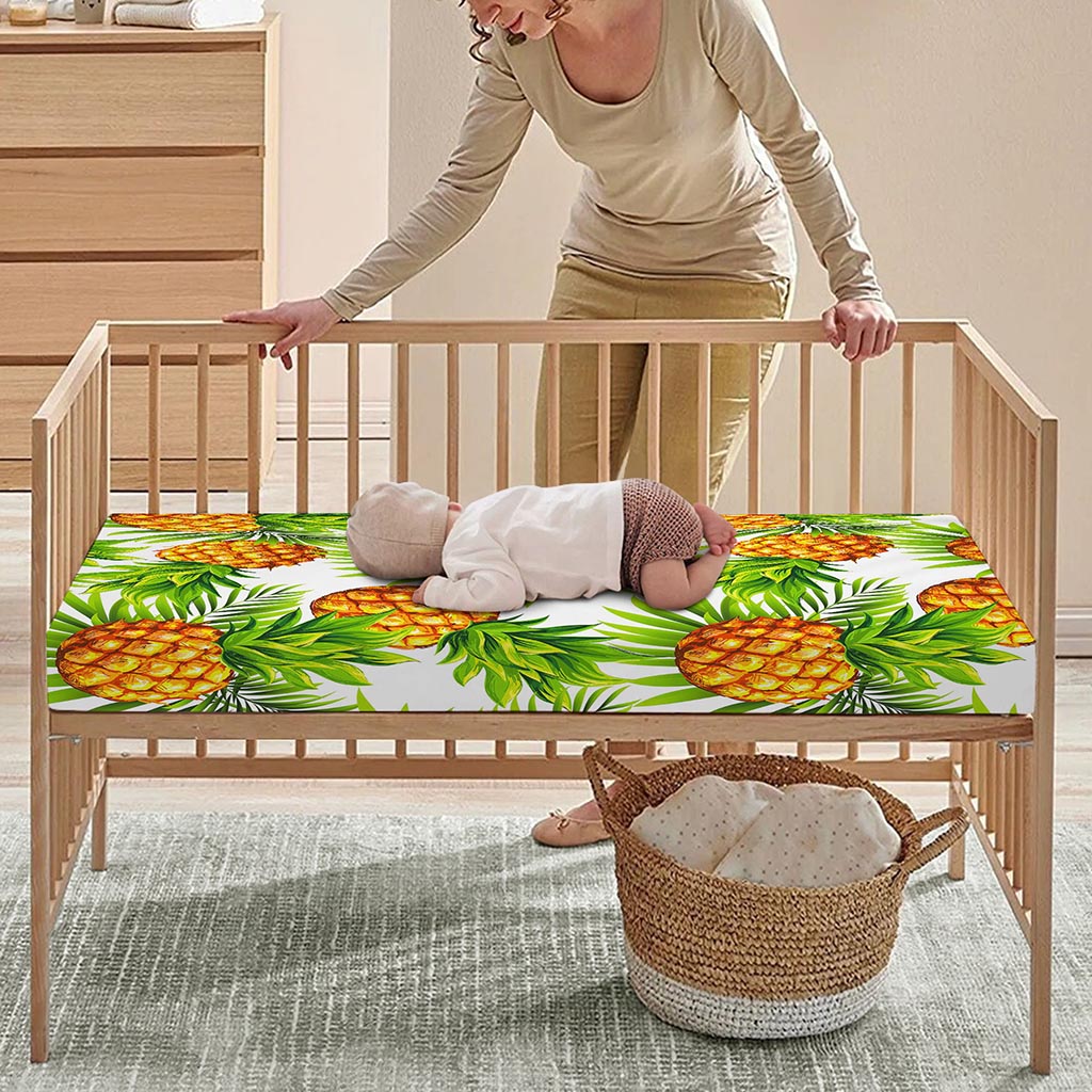 White Tropical Pineapple Pattern Print Baby Crib Sheet