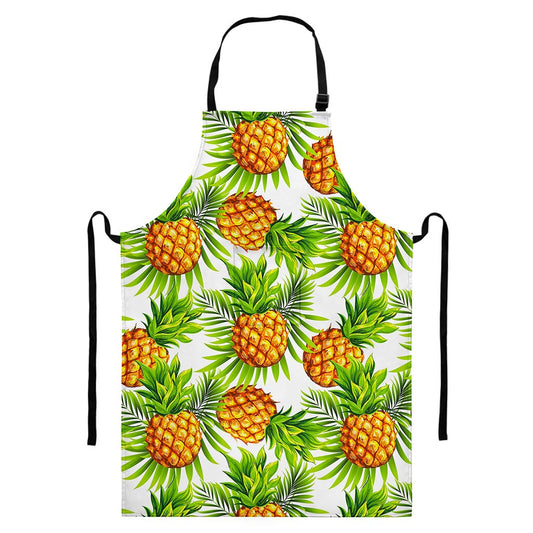 White Tropical Pineapple Pattern Print Bib Apron With Pocket