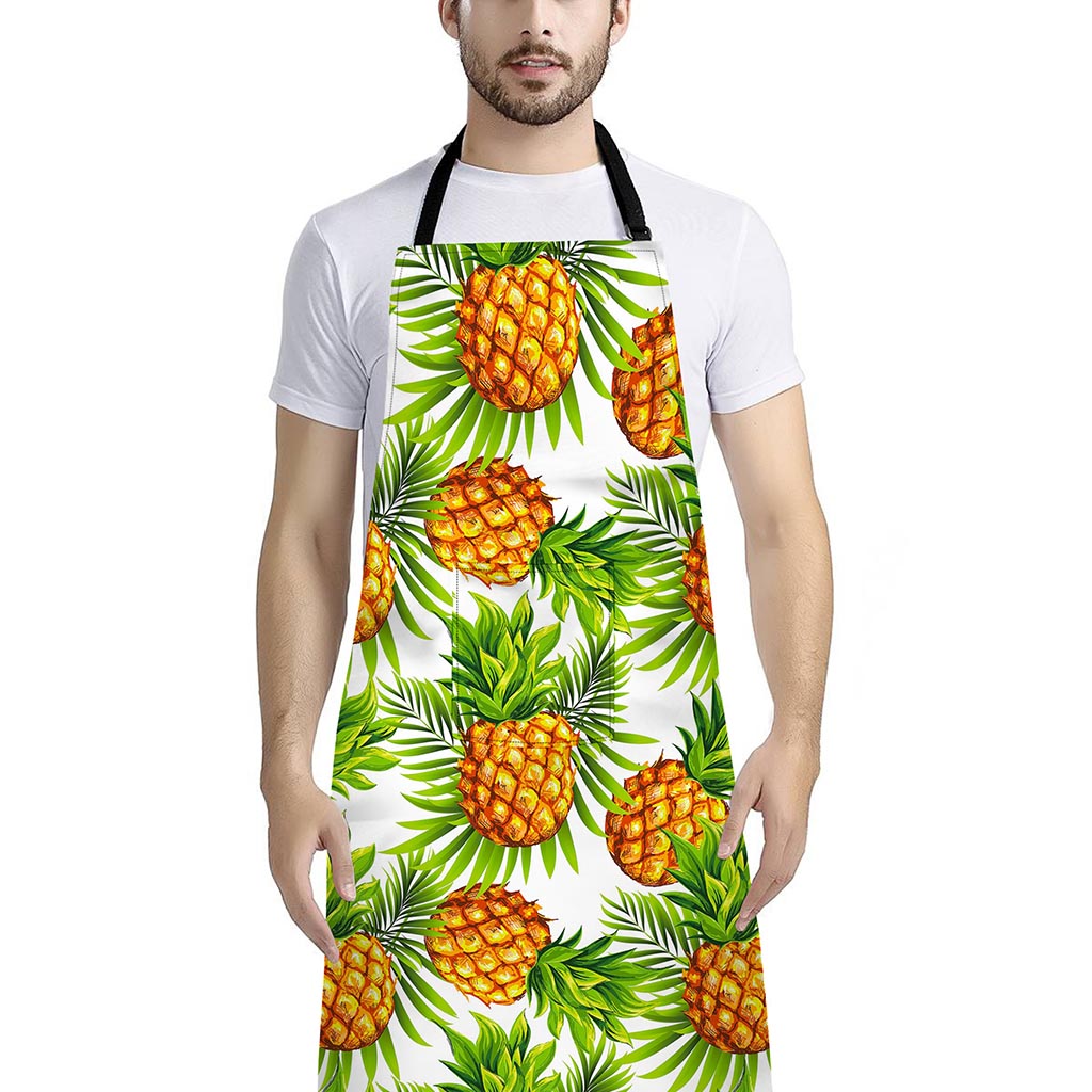 White Tropical Pineapple Pattern Print Bib Apron With Pocket