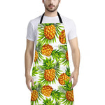 White Tropical Pineapple Pattern Print Bib Apron With Pocket