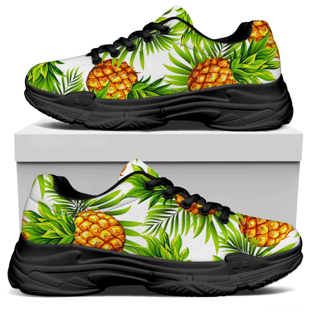 White Tropical Pineapple Pattern Print Black Chunky Shoes