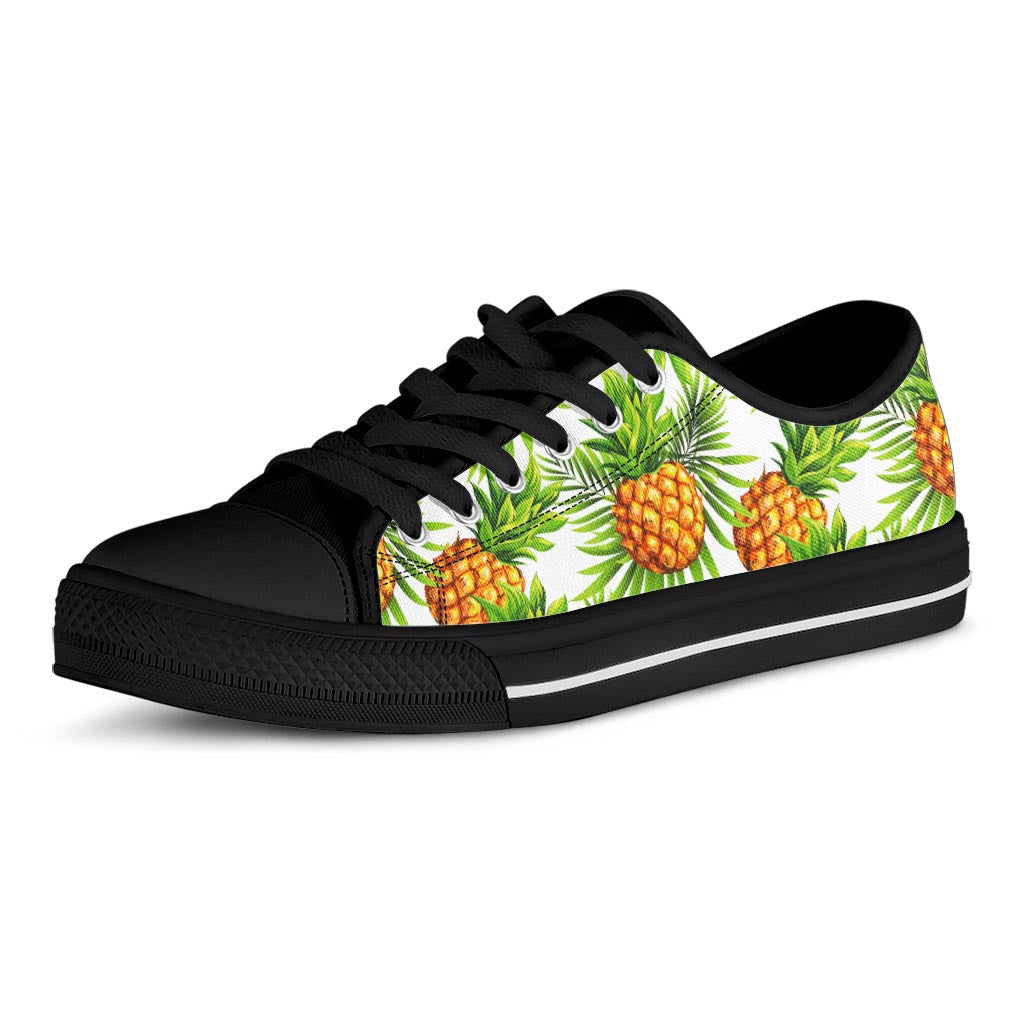 White Tropical Pineapple Pattern Print Black Low Top Sneakers