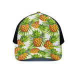 White Tropical Pineapple Pattern Print Black Mesh Trucker Cap