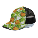 White Tropical Pineapple Pattern Print Black Mesh Trucker Cap