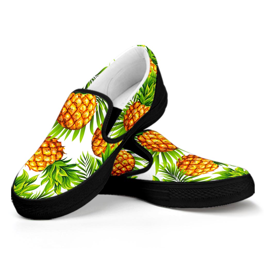 White Tropical Pineapple Pattern Print Black Slip On Sneakers