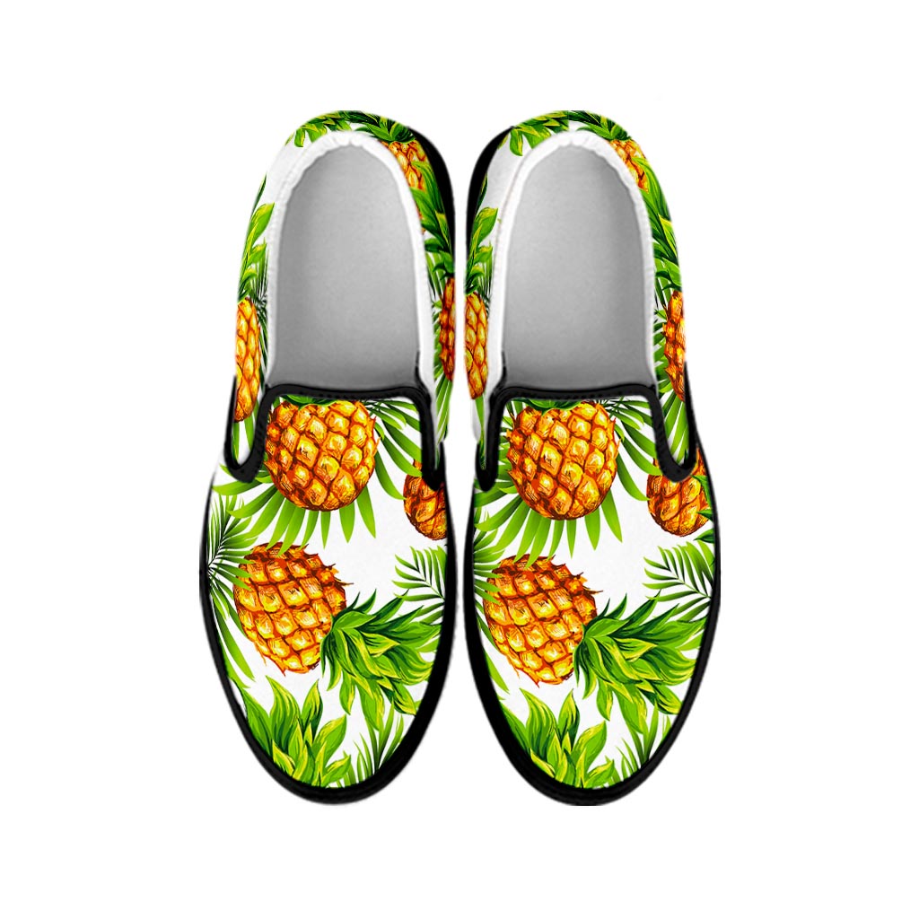 White Tropical Pineapple Pattern Print Black Slip On Sneakers