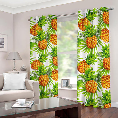 White Tropical Pineapple Pattern Print Blackout Grommet Curtains