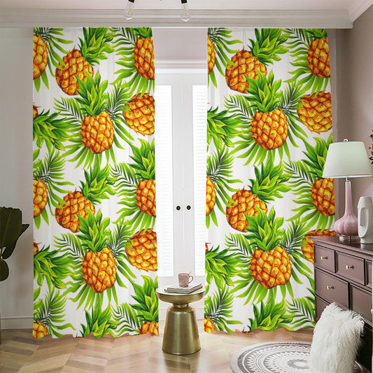 White Tropical Pineapple Pattern Print Blackout Pencil Pleat Curtains