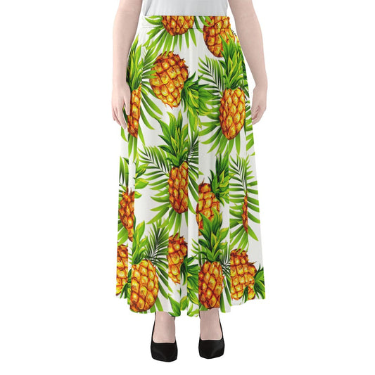 White Tropical Pineapple Pattern Print Chiffon Maxi Skirt