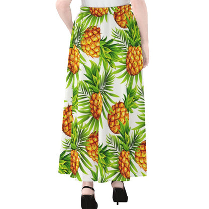 White Tropical Pineapple Pattern Print Chiffon Maxi Skirt