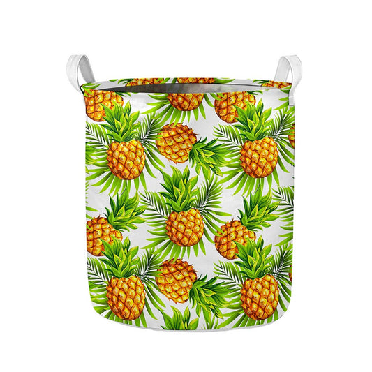 White Tropical Pineapple Pattern Print Collapsible Laundry Basket