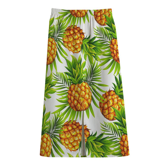 White Tropical Pineapple Pattern Print Cotton Front Slit Maxi Skirt