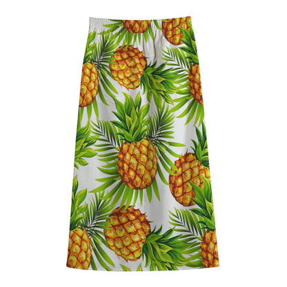 White Tropical Pineapple Pattern Print Cotton Front Slit Maxi Skirt