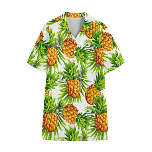 White Tropical Pineapple Pattern Print Cotton Hawaiian Shirt