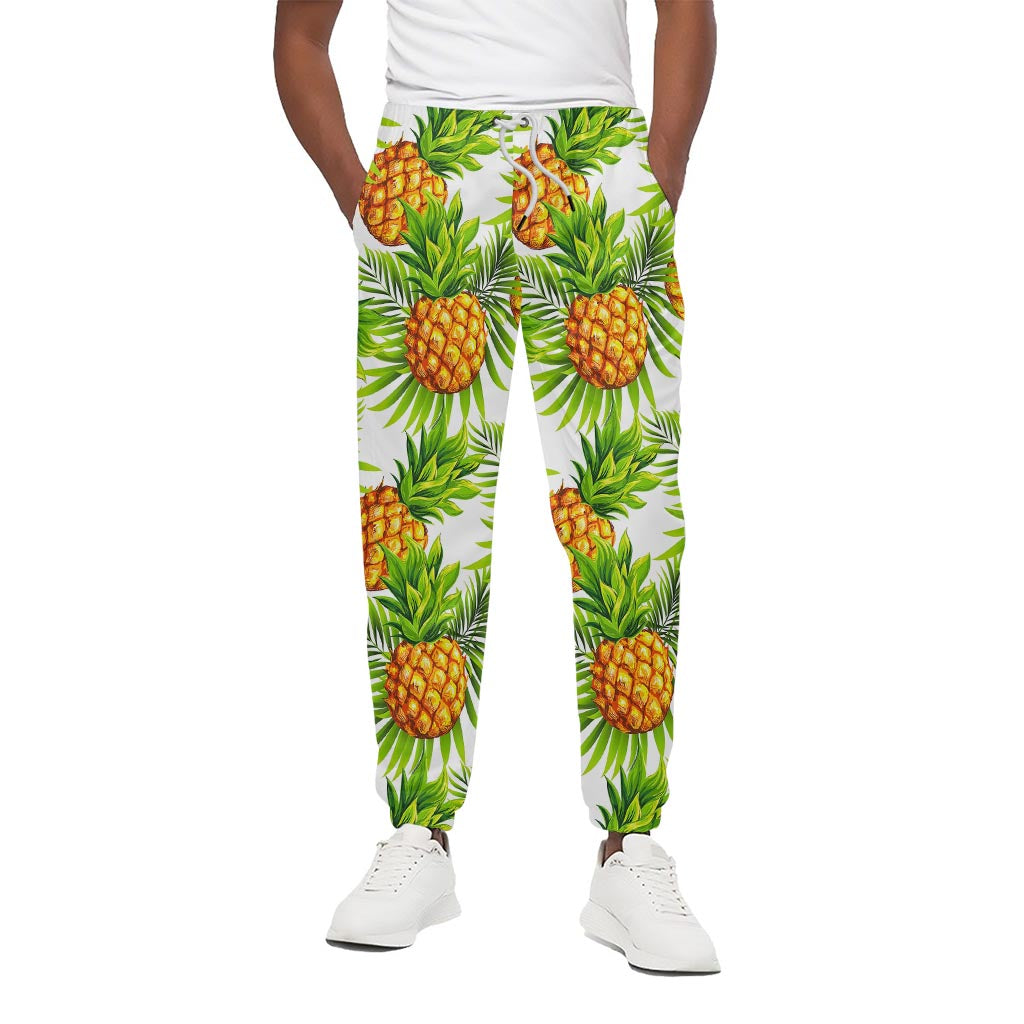 White Tropical Pineapple Pattern Print Cotton Pants