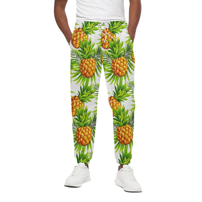 White Tropical Pineapple Pattern Print Cotton Pants