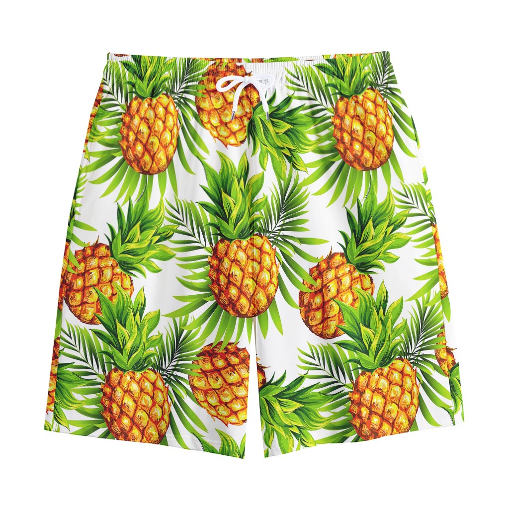 White Tropical Pineapple Pattern Print Cotton Shorts