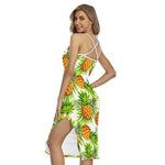White Tropical Pineapple Pattern Print Cross Back Cami Dress