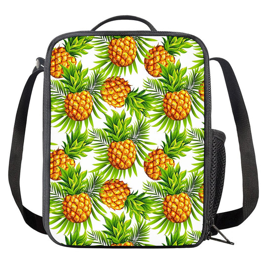 White Tropical Pineapple Pattern Print Crossbody Lunch Bag