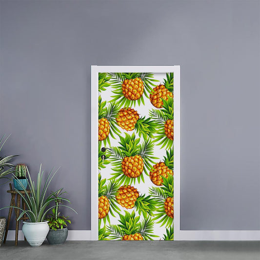 White Tropical Pineapple Pattern Print Door Sticker