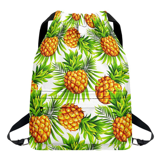 White Tropical Pineapple Pattern Print Drawstring Backpack