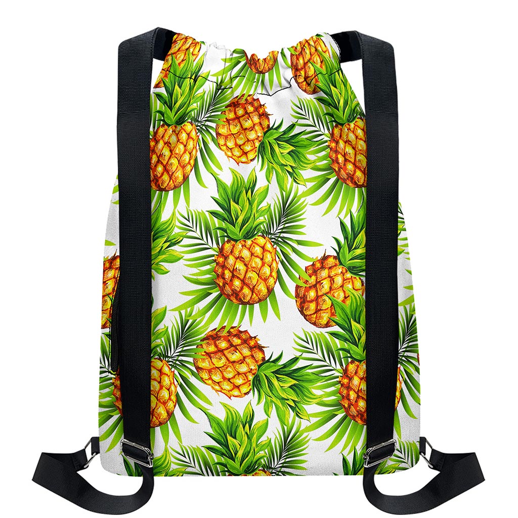 White Tropical Pineapple Pattern Print Drawstring Backpack