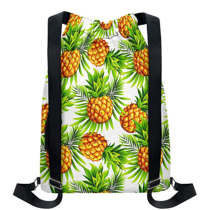 White Tropical Pineapple Pattern Print Drawstring Backpack
