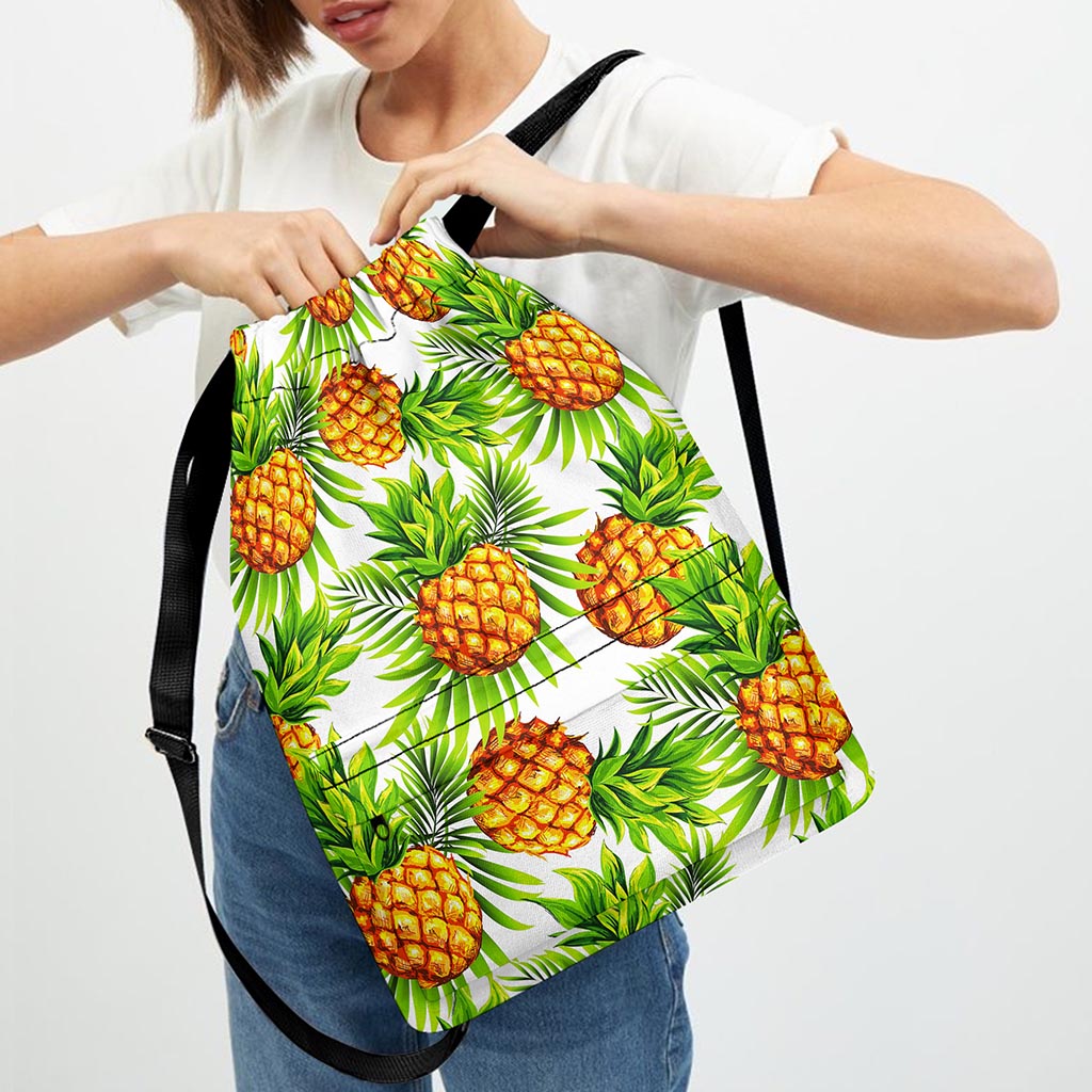 White Tropical Pineapple Pattern Print Drawstring Backpack