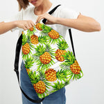 White Tropical Pineapple Pattern Print Drawstring Backpack