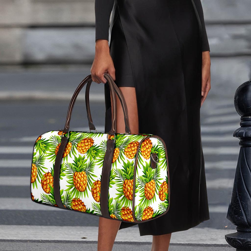 White Tropical Pineapple Pattern Print Duffle Bag