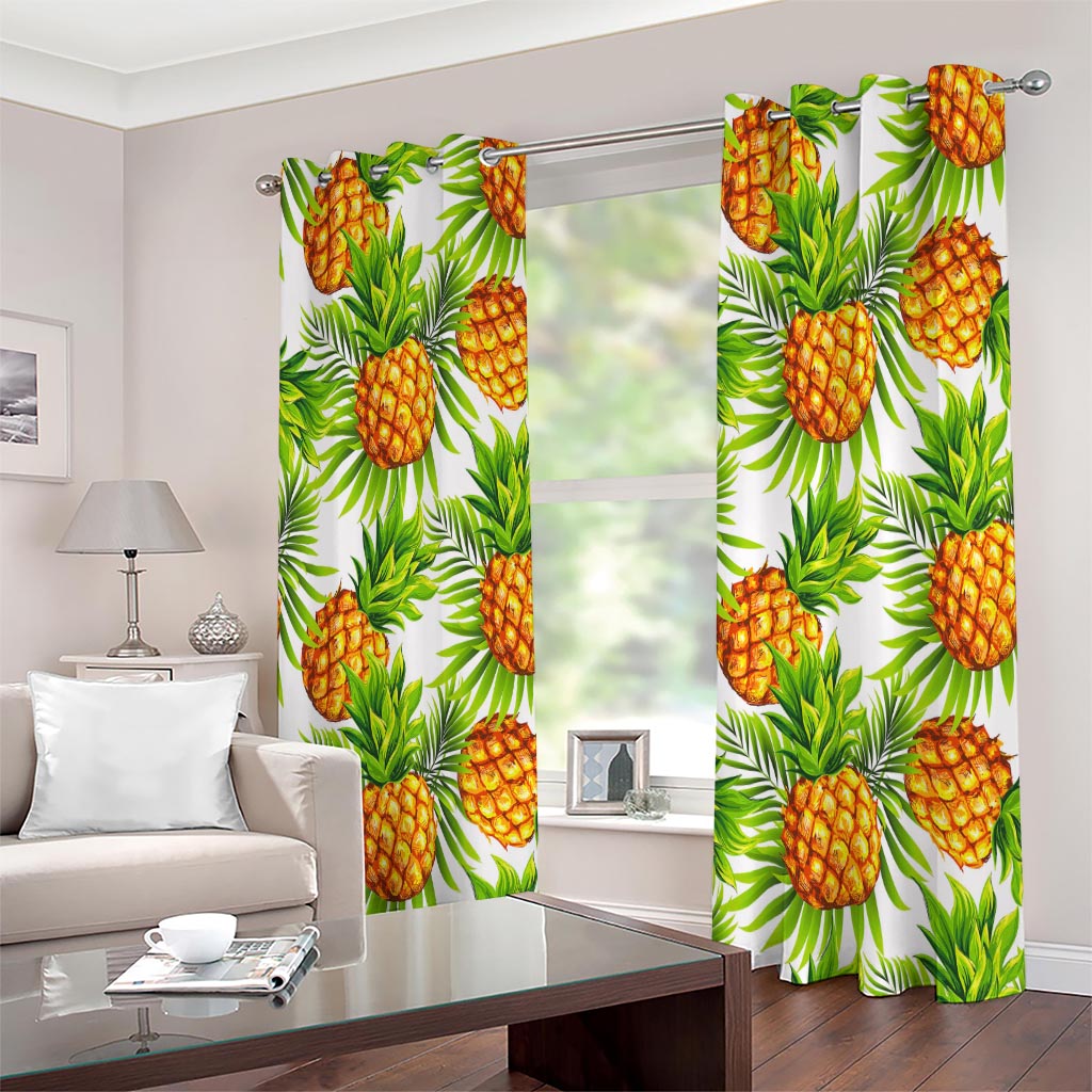 White Tropical Pineapple Pattern Print Extra Wide Grommet Curtains