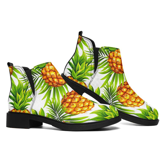 White Tropical Pineapple Pattern Print Flat Ankle Boots