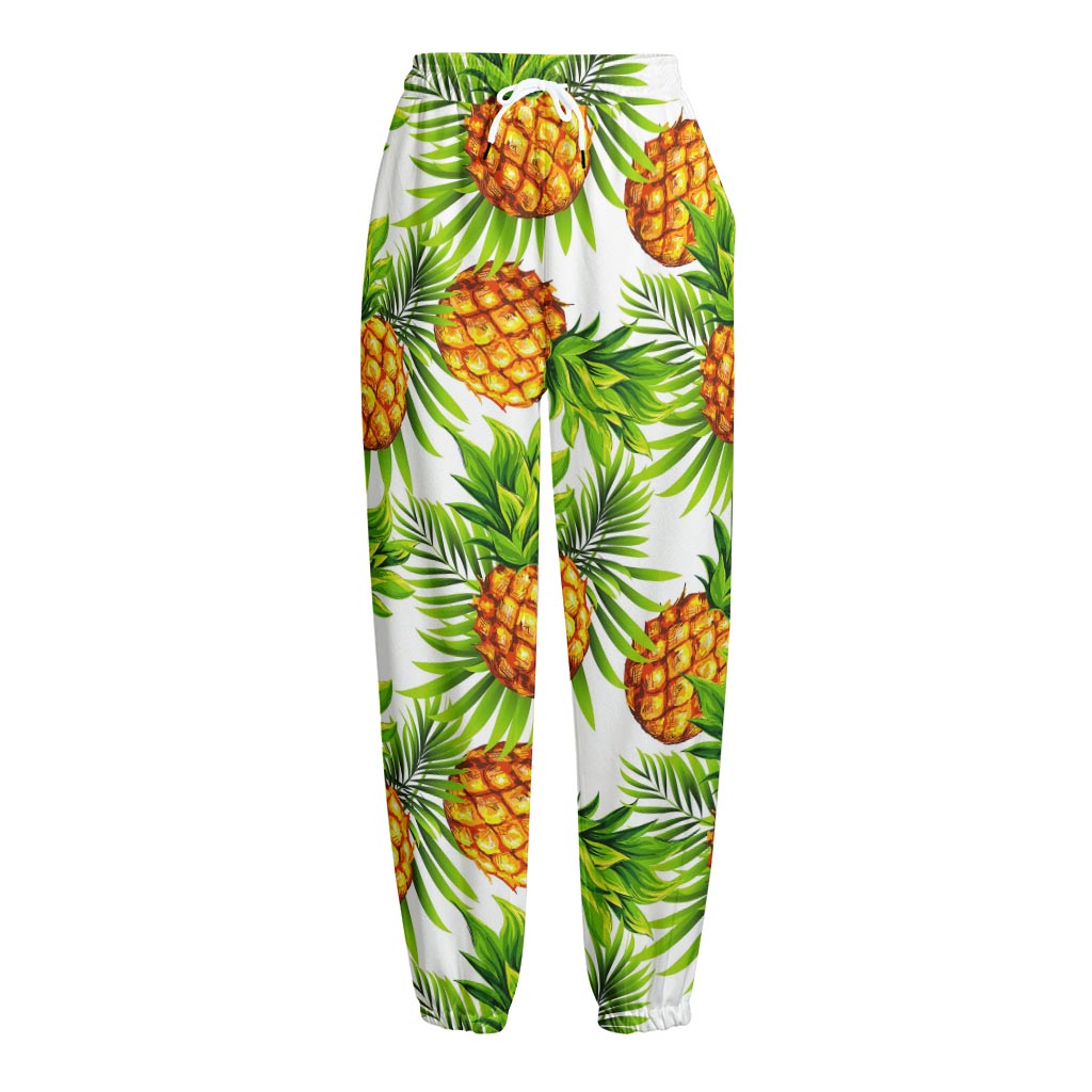 White Tropical Pineapple Pattern Print Fleece Lined Knit Pants