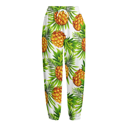 White Tropical Pineapple Pattern Print Fleece Lined Knit Pants