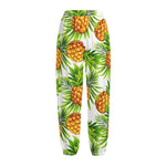 White Tropical Pineapple Pattern Print Fleece Lined Knit Pants