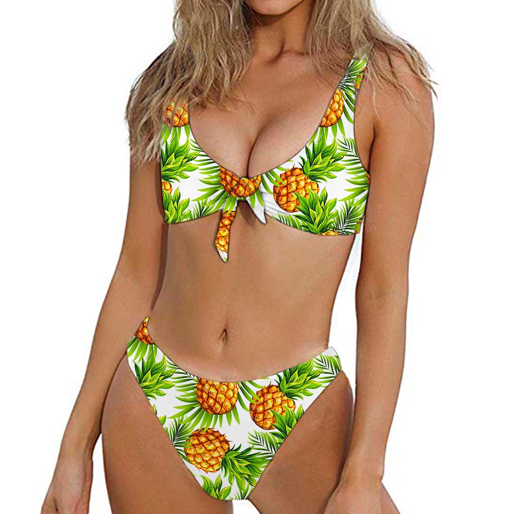 White Tropical Pineapple Pattern Print Front Bow Tie Bikini