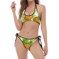 White Tropical Pineapple Pattern Print Halter Scoop Tie Side Bikini