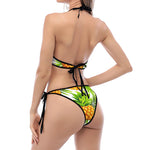 White Tropical Pineapple Pattern Print Halter Scoop Tie Side Bikini