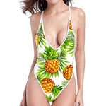 White Tropical Pineapple Pattern Print High Cut One Piece Swimsuit